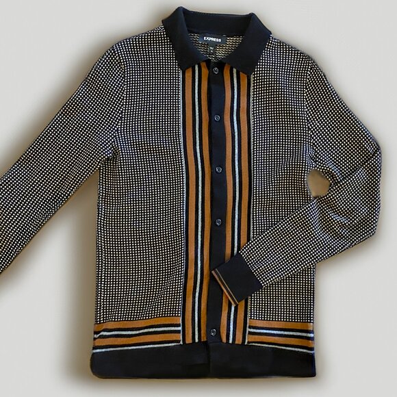 EXPRESS Men's Retro Long Sleeve Geo Print Framed Border Button Up Cardigan XS - Picture 2 of 5
